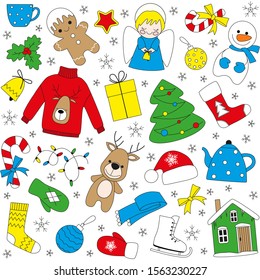 Set of colorful Christmas Elements on a white background. Seamless pattern. New Year vector illustration.