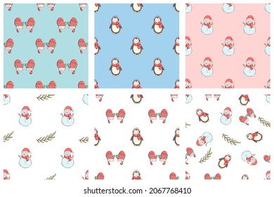 Set of colorful Christmas elements in seamless patterns. Hand drawing penguin, snowman and christmas glove. Vector design template.