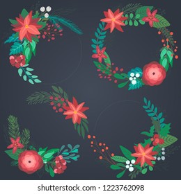Set of colorful Christmas floral wreaths with winter flowers, branches, berries. Vector holiday collection
