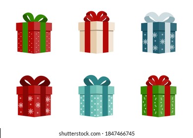 Set of colorful Christmas gift boxes. Christmas elements. Holiday boxes with bows. Vector illustration.