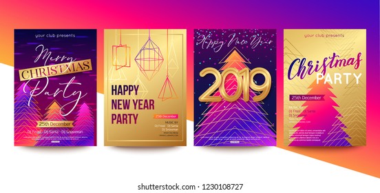 Set of colorful Christmas and Happy New Year party flyer and greeting card template. Vector illustration