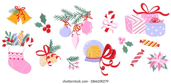 Set of colorful Christmas illustrations isolated on white background. Collection of cute winter stickers. Holiday theme art for greeting card design