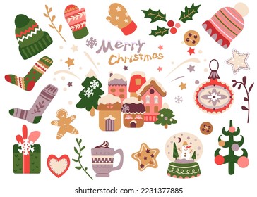 Set of colorful Christmas  items: houses, Christmas decorations,a glass ball,ginger cookies, Christmas trees, a gift, winter clothes.Vector illustration