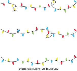 Set of Colorful Christmas Lights Strings. Festive Decoration on Transparent Background. Winter. Xmas Vector.