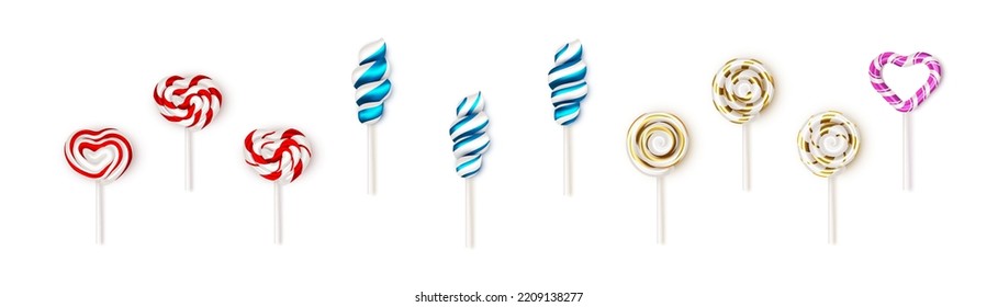 Set of colorful christmas lollipop sticks, hearts, rounds gift on party. Red, blue, golden sweetie icons isolated on white background. Happy new year event ornament modern design. Vector illustration