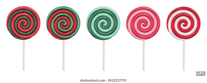 Set of colorful Christmas lollipops isolated on white background. 3d realistic, swirl, colored sugar candies on stick. 3D Vector illustration.