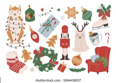 Set of colorful Christmas and New Year elements. Hand drawn design for stickers, cards. Vector flat cartoon illustration