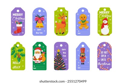 set of colorful Christmas and New Year gift tags with festive illustrations such as Santa, reindeer, snowman, bells, nutcracker, and holly