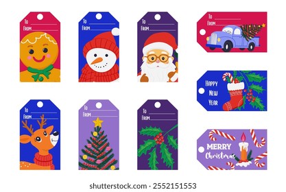 set of colorful Christmas and New Year gift tags with festive illustrations such as Santa, reindeer, snowman, bells, nutcracker, and holly