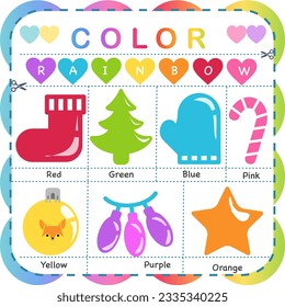 Set of colorful Christmas objects for education. Learning basic colors for preschoolers. Flashcard with red, green, orange, blue, yellow, pink, purple colors.