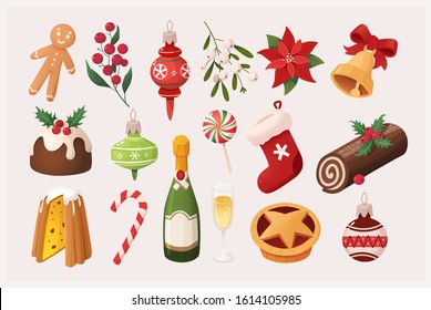 Set of colorful Christmas ornaments icons. Vector images for various designs