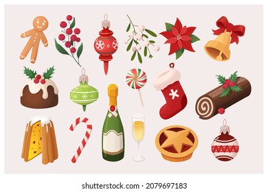 Set of colorful Christmas ornaments icons. Vector images for various designs