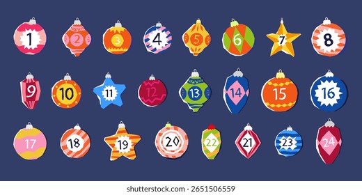 Set of colorful Christmas ornaments with numbers from 1 to 24, designed as an advent calendar. Bright decorations in various shapes. For winter and Christmas designs, cards, invitations, posters