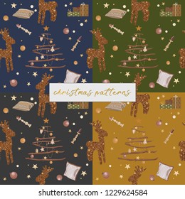 Set of colorful christmas patterns with modern christmas tree, woolen deer, stars gifts, balls and decorations
