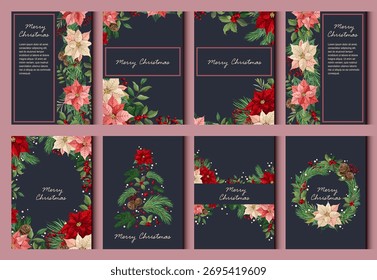 Un conjunto de carteles de Navidades de colores. Vector para flyers, postales, diseño, redes sociales.