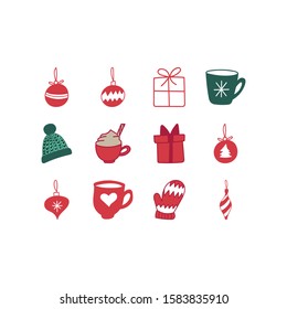 Set of colorful Christmas related hand drawn vector icons isolated on a white background.X mas tree baubles,presents,pom pom hat,mitten,mugs,hot chocolate doodles.