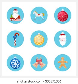 Set of Colorful Christmas Round Icons,  Merry Christmas and Happy New Year, Vector Illustration