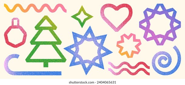 A set of colorful Christmas shapes with a grainy effect. Vector illustration of geometric symbols of Christmas tree, snowflake, star, heart, spiral and other elements.