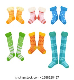 Set of colorful christmas socks. Flat vector illustration isolated on white background