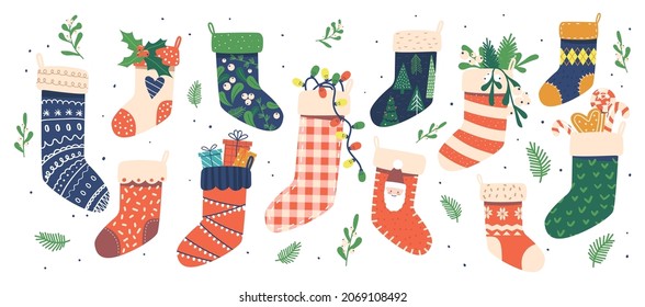 Set Colorful Christmas Socks Isolated on White Background. Winter Collection of Stockings with Sweets, Xmas Holiday Element, Present in Scandinavian Style, Winter Funny . Cartoon Vector Illustration