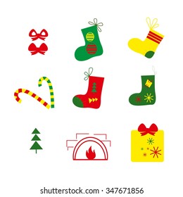 Set of  colorful Christmas socks with present, gift, candy, bow. Christmas elements.Template for Greeting Scrap booking,