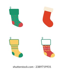 Set of colorful  Christmas socks in with various patterns. socks for the holiday. Festive Christmas Socks Vector Collection. Adorable Stocking Illustrations for the Holiday Season. 