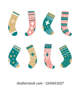 Set of colorful Christmas socks. Vector illustration in cartoon style