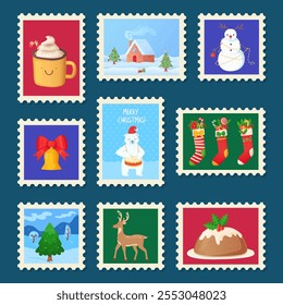 Set of colorful Christmas themed postage stamps with festive illustrations including snowman, reindeer, gift stockings, winter house etc. Vector cartoon image.