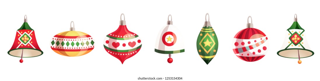 Set of colorful christmas tree toys on white background. Winter Holidays and Celebrations concepts for design a Happy New Year and Merry Christmas card. Vector illustration in cartoon style
