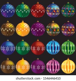 Set of colorful Christmas tree toys. Glass balls for Christmas tree decoration. Isolated objects on black background.