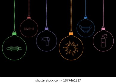 A set of colorful Christmas tree toys decorated with medical themes. Colored vector illustration. Isolated black background. Christmas decorations are hung on a chain. Idea for web design, banner. 