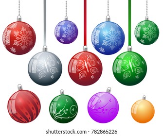 Set of colorful Christmas tree vector ornament balls with snowflake butterfly floral abstract decorative pattern with ball chain ribbon. Red blue green yellow New Year tree baubles ornament balls