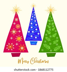 Set of colorful Christmas trees decorated with stars and garlands