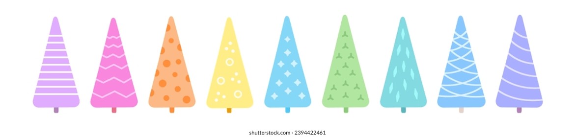 Set of colorful Christmas trees, fir and pines. For kids. Candy color. Barbiecore.