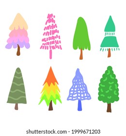 Set of colorful Christmas trees, hand drawn cartoon style. Lovely colorful trees.