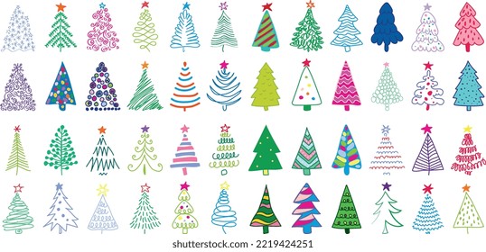 a set of colorful Christmas trees in a linear style