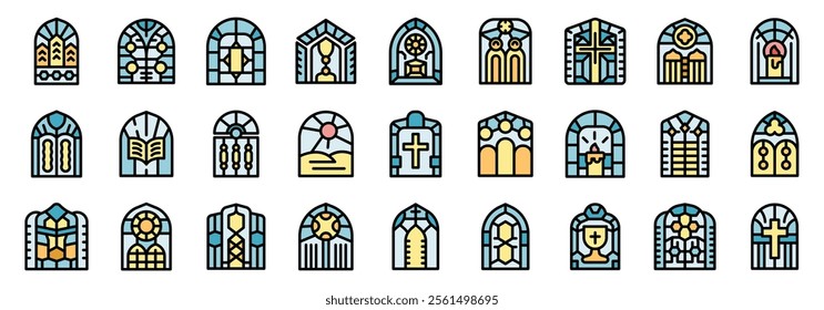 Set of colorful church stained glass windows representing various religious symbols, scenes, and objects, showcasing the artistry and spiritual significance of these decorative elements