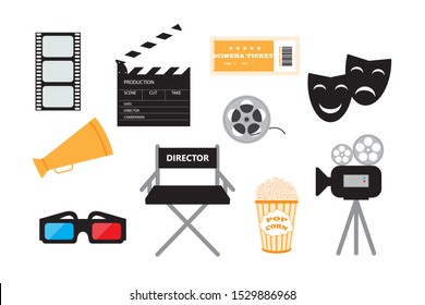 Set of colorful cinema illustrations isolated on white. Movie industry objects