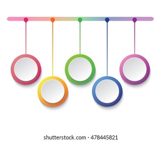 Set of colorful circle buttons such pink, orange, green, blue, and purple; buttons hang on rainbow bar,  infographic vector