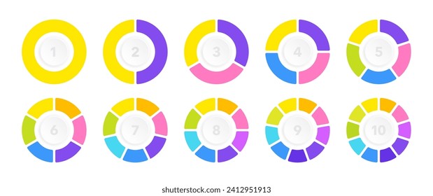 Conjunto de diagramas de círculo coloridos para infografía, negocio o presentación. Gráfico circular con secciones o pasos de 1 a 10. Ilustración vectorial.