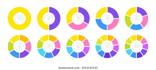 Set of colorful circle diagrams for infographic, business or presentation. Pie chart set with sections or steps from 1 to 10. Vector illustration.