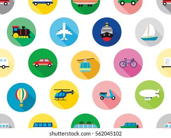 set of colorful circle flat design public transportation vehicle icons on white square background all in seamless tile design