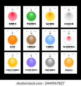 Set of colorful circle gradient zodiac posters with horoscope name, planet, date, element. Modern astrology banner, template collection for social media post. Abstract poster. Vector.