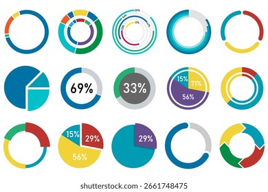 Set of colorful circle graphs and donut charts in flat style for infographics and presentations. Donut chart pack. Colorful pie graphs. Circle data visualizations. Infographic templates set.