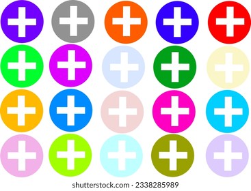 Set of colorful circle pattern with white plus sign, vector design.