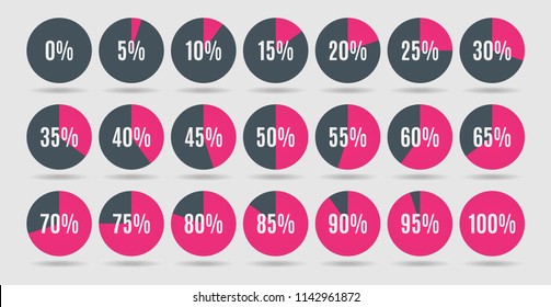 Set of colorful circle percentage diagrams for infographics, 0 5 10 15 20 25 30 35 40 45 50 55 60 65 70 75 80 85 90 95 100 percent. Vector illustration.