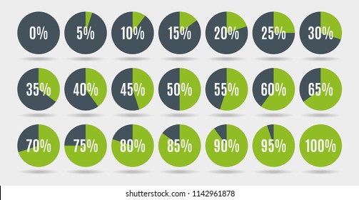 Set of colorful circle percentage diagrams for infographics, 0 5 10 15 20 25 30 35 40 45 50 55 60 65 70 75 80 85 90 95 100 percent. Vector illustration.