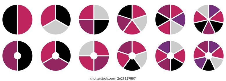 Conjunto de modelos de gráfico circular colorido.  Gráfico de círculos de cores diferentes dividiu partes iguais. 