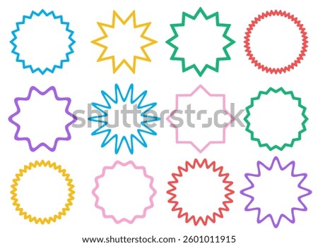 Set of colorful circle wavy ink drawn frames. Zigzag wavy edges, psychedelic photo frames, text boxes, tags. Abstract elements for template, stickers, promo material, web or social media design