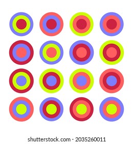 Conjunto de círculos coloridos y anillos de diferentes colores. Resumen de elementos de diseño de formas geométricas minimalistas para textiles, tarjetas, fondos. Ilustración del vector